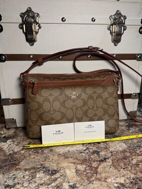 Coach Signature Canvas Crossbody in Brown with Tan Trim